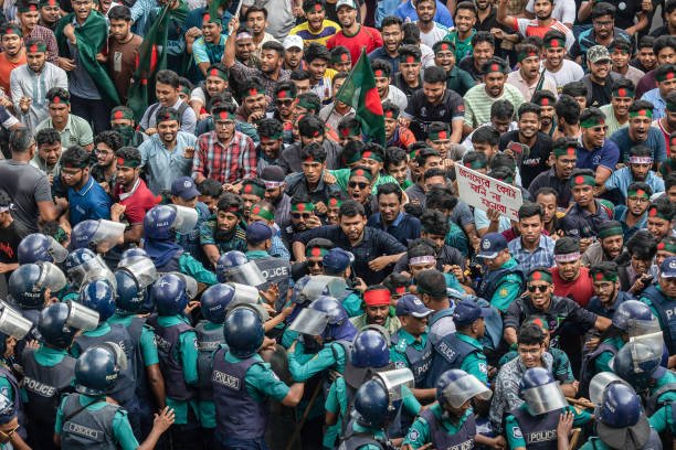 A crowd of protesters marches during a demonstration at