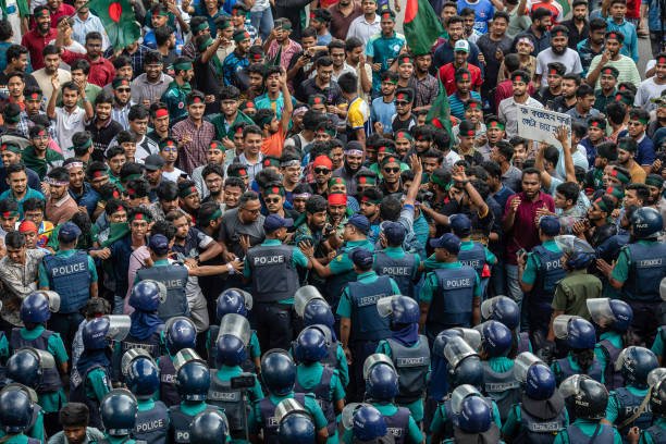 A crowd of protesters marches during a demonstration at