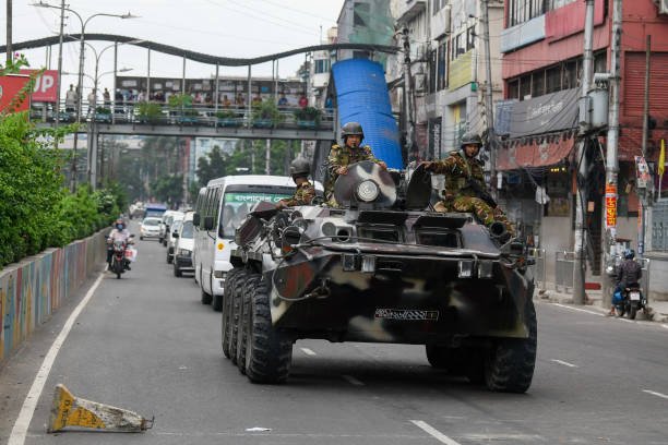 Bangladeshi soldiers are seen patrolling in the Bijoy Sarani