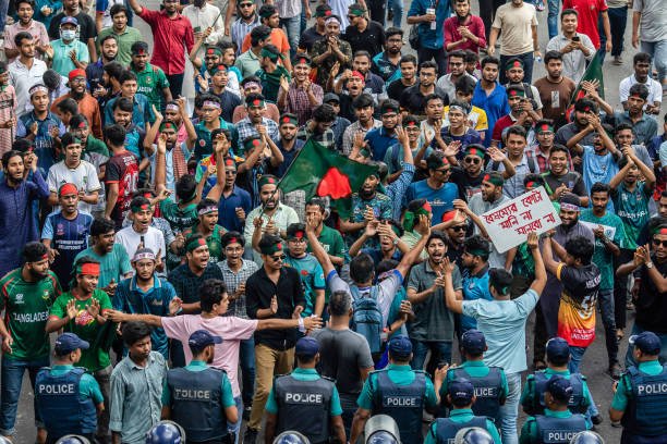 A crowd of protesters marches during a demonstration at