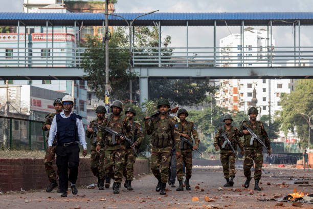 Bangladeshi soldiers are patrolling a Mohammadpur area